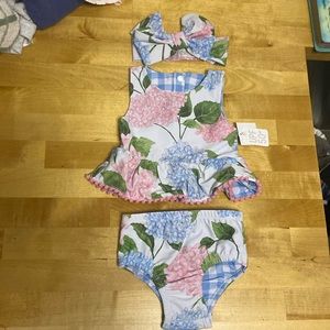 Mudpie Infant Reversible Bathing Suit and Headband. NWT Size 3-6 months